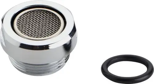 Chromfarbener Luftsprudler mit feinem Sieb und schwarzer Dichtung. Ideal Standard Produkt zur Wasseroptimierung.